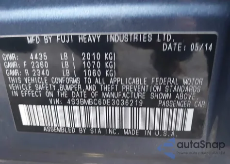 2014 Subaru Legacy 2.5I Premium из США, поврежденный, VIN 4S3BMBC60E3036219